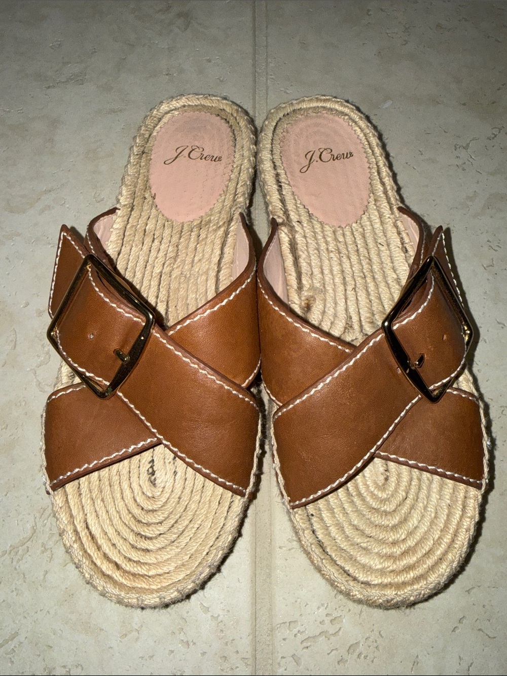 J. Crew Brown Leather Crossstrap Espadrille Slide Sandals 8.5